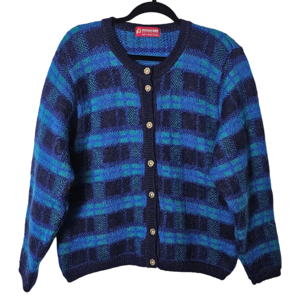 Vintage Blue Plaid Cardigan Sweater L Mohair Blend Heritage 90s Retro Cozy Jewel
